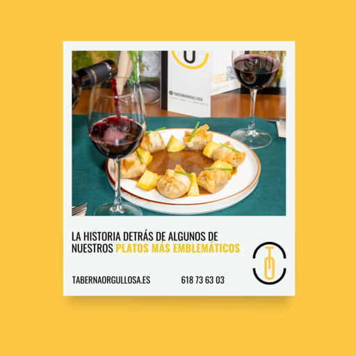 Imagen de saquitos de toros y copa de vino con mensaje de promoción en Taberna Orgullosa.