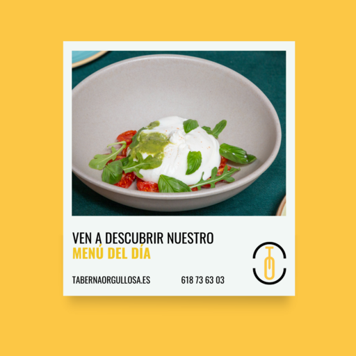 Post con burrata de Puglia y fondo promocional amarillo de Taberna Orgullosa.