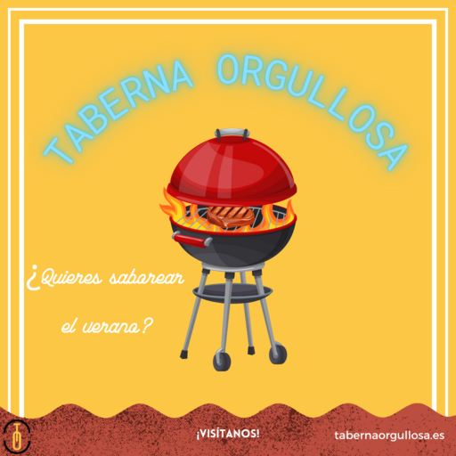 Ilustración promocional de Taberna Orgullosa con parrilla y fondo amarillo.