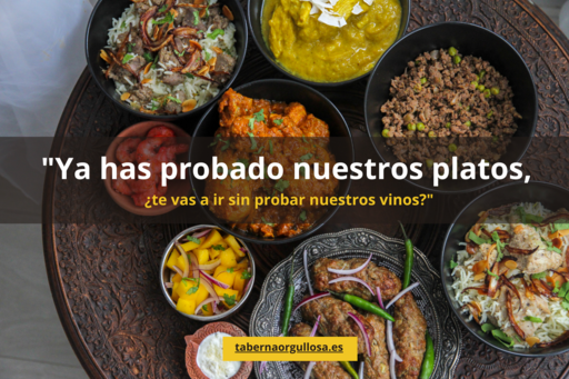 Platos variados con texto promocional “¿Has probado nuestros platos?” en Taberna Orgullosa.