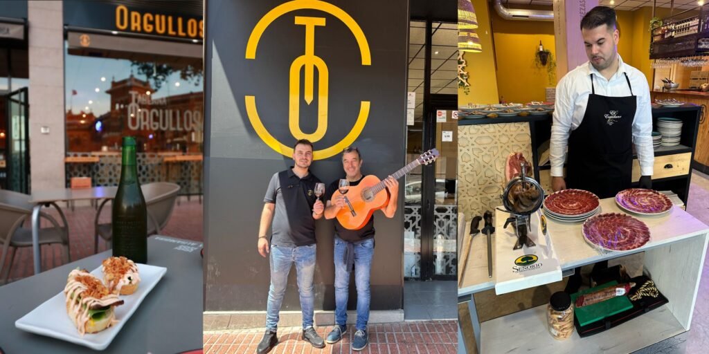 Terraza del restaurante Taberna Orgullosa en Madrid, con clientes disfrutando de tapas y música flamenca en vivo durante la Feria de San Isidro 2025, frente a la Plaza de Toros de Las Ventas.
